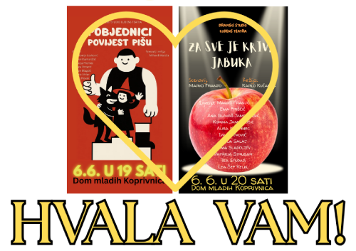 vizual koji prikazuje plakate predstava uokvirenih srcem a ispod piše veliko "hvala vam!"